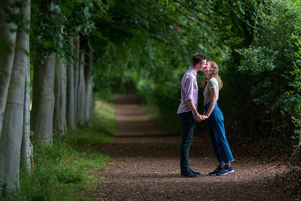 Couple portrait in Cambridge woodland (Wandlebury Woods)
